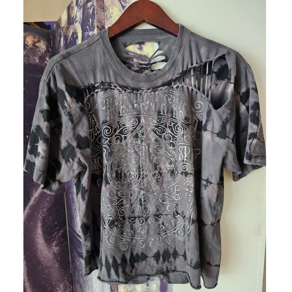 AFFLICTION Women Distressed Tie Dye Graphic‎ T Shirt Cut Out Ripped Gray L/XL - Picture 2 of 9